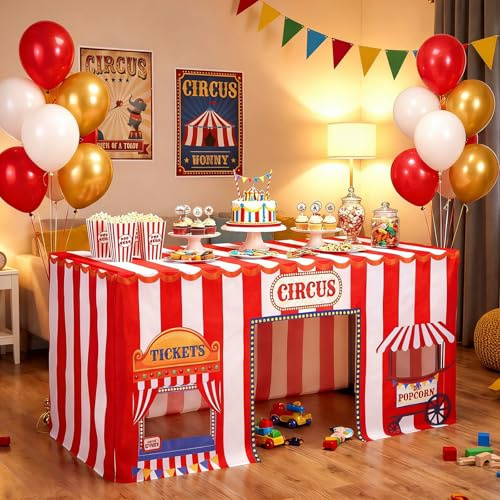 Breling 6 ft Circus Tablecloths Carnival Birthday Party Decorations Popcorn Booth Fitted Tablecloths 72 x 30 Inch Rectangle Washable Polyester Table Cover Party Supplies