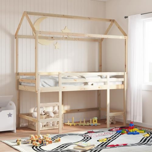 YuuSsea Hochbett mit Leiter und Dach, 80x200 cm, Massivholz Kiefer, Einzelbett für Kinder, sichere Absturzsicherung, platzsparendes Design