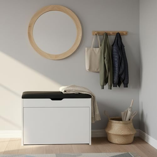 EDAXO MDF Schuhschrank mit Sitzbank und ausziehbaren Regalen, Polyester Polsterung, 57 x 30 x 53 cm, Multifunktional für Flur (weiß)