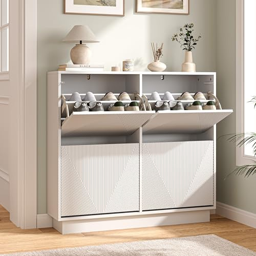 UEV Slim Shoe Cabinet with 4 Flip Drawers, Carved Line Fronts, Narrow Storage Unit with Anti-Tip Design for Hallway, Living Room or Entryway, White