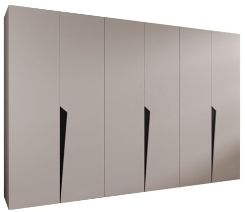 MEBLE KRYSPOL - Kleiderschrank - Garderobenschrank - 300 cm x 202 x 52 cm - Schrank mit Kleiderstange, 6 Türen - für Schlafzimmer, Flur - Piano, Kaschmir, Griff Schwarz