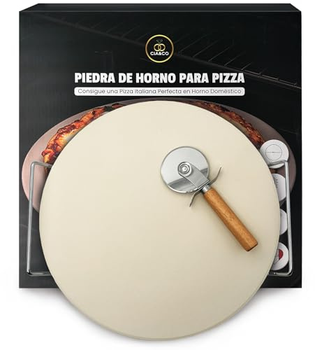 Piedra para Pizza 33 cm Cordierita para Horno y Barbacoa – Convierte tu Horno Doméstico en Horno de Piedra Italiano – Base para Pizza Crujiente, Soporta hasta 700°C, Incluye Soporte Metálico y Cortado