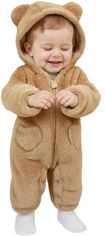 Generico Tutina da Notte in Pile per Neonati, Invernale, Calda, con Cappuccio e a Orso, Morbida e Accogliente, per Neonati da 0 a 12 (Yellow, 9-12 Months)