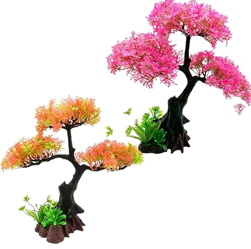 KFSCIP 2 PCS Pink Aquarium Decorations Set, Artificial Plants, Artificial Cherry Blossom Tree, Plastic Fish Bowl Accessories, Aquarium Plants for Fish Tank Decor