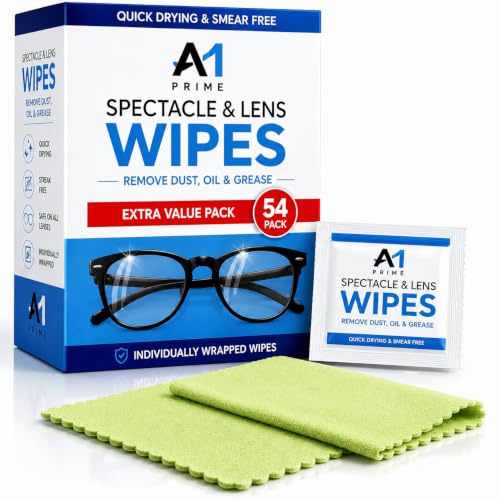 Spectacle & Lens Cleaning Wipes 54 Pack with 2 Microfibre Cloth Individually Wrapped Alcohol-Based Screen & Glass Cleaner Wipes, Anti-Smear Quick Dry Lens Wipes for Glasses (Lens Wipes + 2 CLothes)