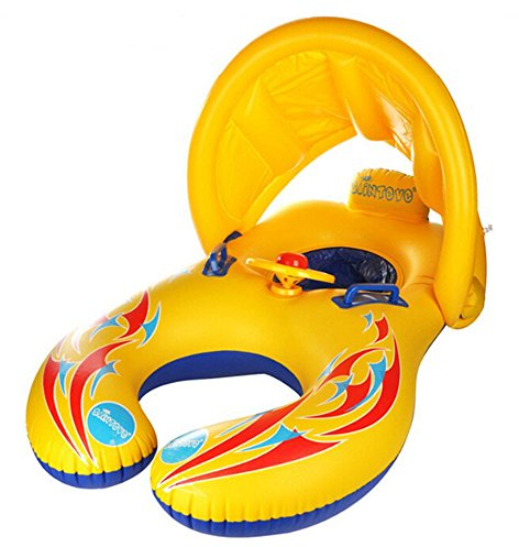 HONGCI Mother & Baby Newborn Swimming Float with Inflatable Sunshade Canopy, Swimming Ring, Swimming Pool Float Toy (Double Seat Boat for 6-36 Months Baby) - Yellow