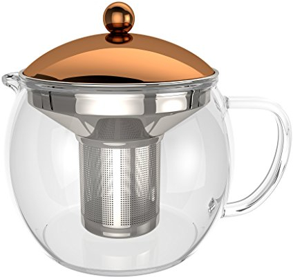 bonVIVO Tea Infuser – 50 oz Glass Teapot with Removable Stainless Steel Strainer, Loose Leaf Tea Maker with Lid, Borosilicate Glass Tea Pot with Infuser, Copper Finish Tea Pot for Herbal Tea