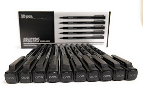BRUSTRO 10-pack professionella pigmentbaserade fina pennor | svart, spetsstorlek – 0,05 mm | arkivbläck vattentät UV-resistent bekvämt grepp perfekt för mandala