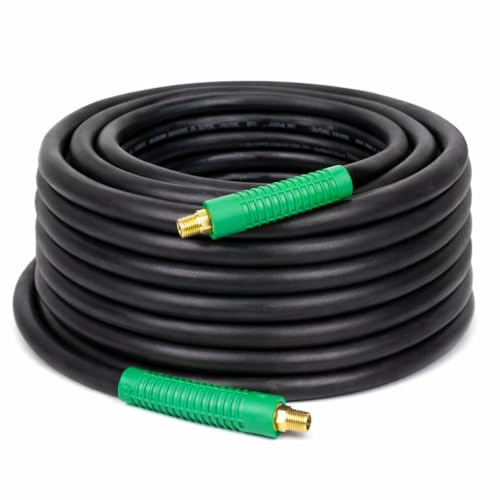 DYNAMIC POWER Premium Black Rubber Air Hose 3/8 x 50' 300 PSI Assembly with 1/4 Male Pipe Thread Fittings & Bend Restictors.