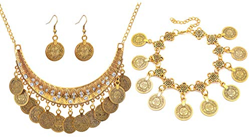 PPX 4 Stück Vintage Metallic Münze Ohrring Armband Und Halskette Set Schmuckset Boho-Stil Bib Front