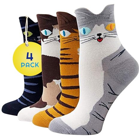 CUQOO 4 Pairs Thermal Women’s Socks - Perfect Mother’s Day Gift - Warm & Cosy Cat Socks with Playful Patterns, Soft & Comfortable Novelty Gift, UK 3-7