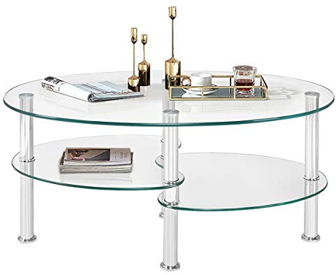 GOPLUS Mesa Baja de Cristal Templado con 3 Niveles, Mesa Baja de salón Ovalada, Extremo de sofá para salón, Oficina, Hotel, Transparente, 90x50x45cm (LxlxH)