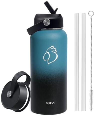 BUZIO Insulated Water Bottle with Straw, 1L Stainless Steel Water Bottle with Straw Lid and Flex Cap Cold for 48 Hrs, Hot for 24 Hrs Double Wall Wide Mouth BPA Free Leak Proof, Indigo Crush