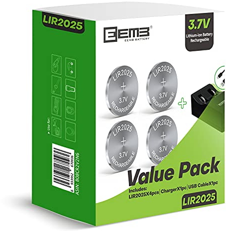 EEMB LIR2025 Rechargeable Battery with 4PCS 3.7V Lithium-ion Coin Button Cell Batteries 40mAh for Car Remote Key Fob Watch