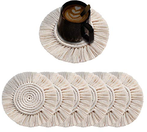 Surmounty Untersetzer 6Pcs Cotton Coaster, Böhmische Untersetzer Rund Getränkeuntersetzer, Makramee Glasuntersetzer Glascoaster für Trinkgläser, Tassen, Tisch, Bar, Glas