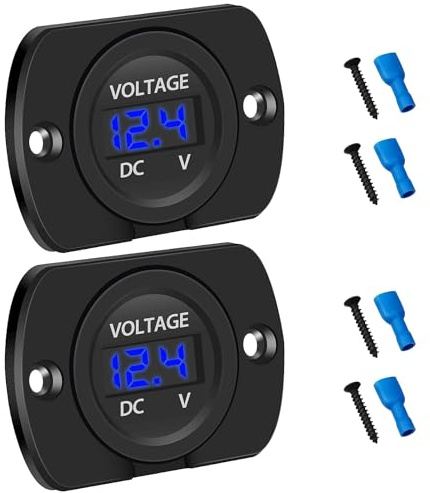 Linkstyle 2 Pack DC 12V 24V Car Voltmeter Voltage Gauge LED Display Panel, Waterproof Digital Round Panel Tester Meter with Terminals for Vehicle Truck Motorcycle Boat Marine ATV UTVeter Blue