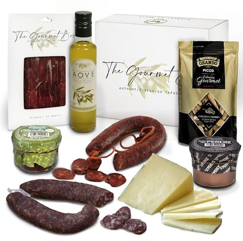 GOURMET BOX | Präsentkorb Spanische Spezialitäten – Tapas | Gourmet Geschenk | Geschenkkorb – Schinken & Salchichon & Chorizo | Spanische Delikatessen | Geschenk für Männer & Frauen | Fresskorb |