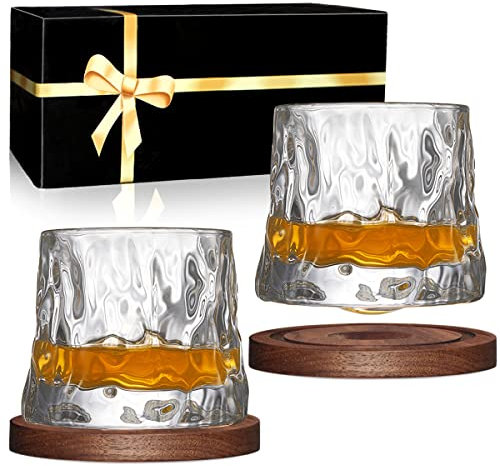 Juego de 2 vasos giratorios con 2 posavasos de nogal con fondo esférico con caja de regalo, para beber bourbon, cócteles, vodka (arrugas + posavasos de nogal)