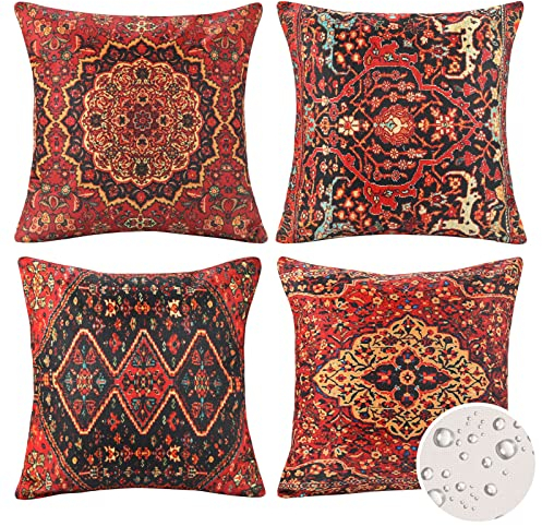 Velvhom 4er Wasserdicht Leinen Kissenbezug Zierkissenbezug Boho Dekorativen Kissenhüllen antikem Orientalischer Türkischer Teppich Muster Kissenzug 45 x 45 cm für draußen Bauernhaus Sofa bunt, rot