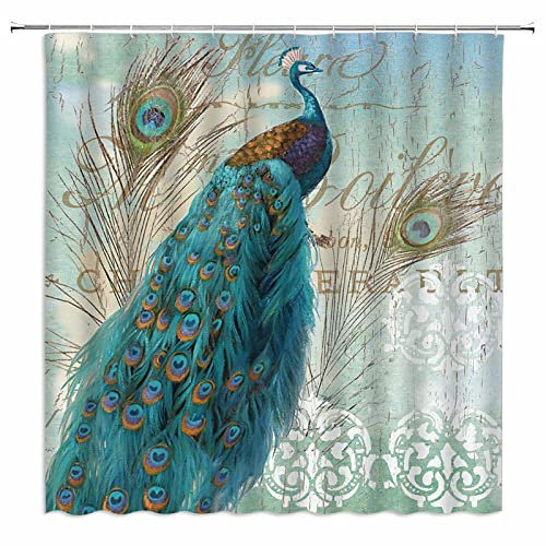 NYDSZNE Rideau de Douche Vintage Bleu Turquoise Paon élégant Paon Aquarelle Plumes Animaux Sauvages rétro Classique Salle de Bain décoration Rideau en Tissu avec Crochets