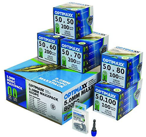 5.0mm Optimaxx 800PC Maxxpack (5.0mm Wood Screw Assortment Pack, Zinc Plate & Yellow Passivated, Pozi Screws)