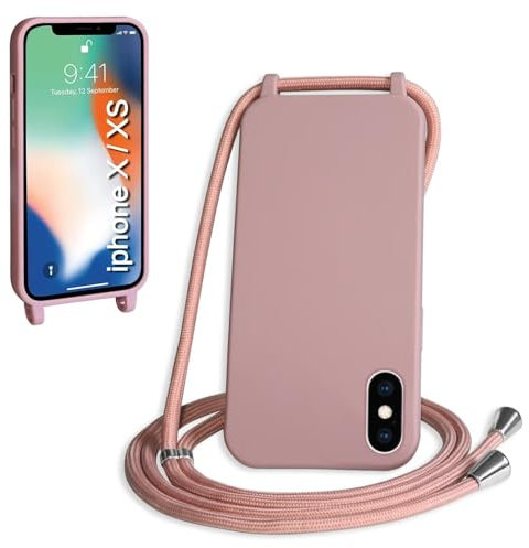 SLWYF Compatible with iPhone X/iPhone XS Crossbody Lanyard Case, Liquid Silicone Protective Phone Case with Strap Adjustable Neck Cord Necklace Soft Cover for iPhone X/iPhone XS, Sand pink