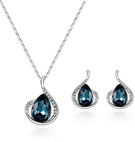 FFWTPY Jewellery Sets for Women Crystal Necklace and Earrings Set for wedding Rose Gold Teardrop Pendant Necklace Set Gift for Birthday Christmas Valentine’s day (Silver)