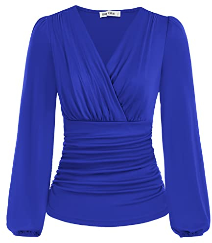 Damen T-Shirt Langarm V-Ausschnitt Einfarbig Top Slim Fit Plissee-Tops Tunika Blusen CL1341A22-08_00L