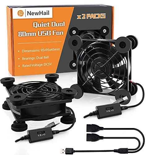 NewHail Lot de 2 mini ventilateurs USB de 80 mm, contrôle multi-vitesses, réduction de la chaleur pour routeur, console de jeu, Xbox, box TV, destinataire, modem, DVR, PlayStation, cabine AV…