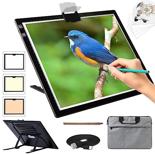 A3 Light Pad for Diamond Painting with Bag - Rechargeable Diamond Art Light Board, 3 Colours Stepless Dimmable 6 Levels Brightness Light Box, Portable Battery Powered Light Box for Sketching Tracing