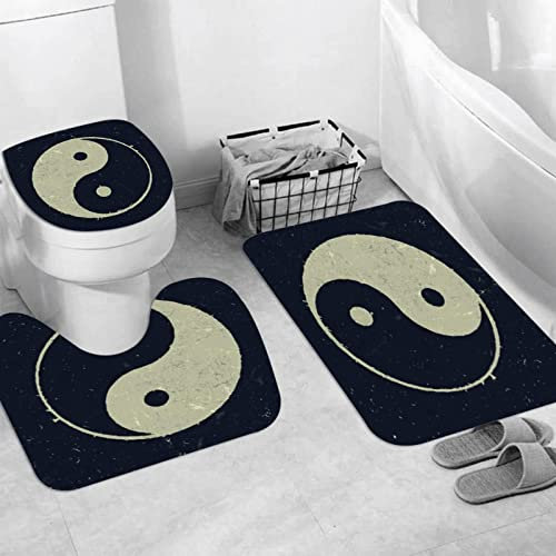 JIFOME Badteppich 3 Stück Weiche saugfähige Badematten,Grunge Yin-Yang-Symbol-Hintergrund,rutschfeste Badematte Teppiche & Toilettendeckelabdeckung Set Waschbar