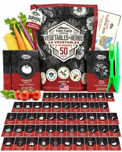 50 Tactiko Survival Kit de semillas de verduras, hierbas y frutas – Variedades cosechadas en Estados Unidos – Más de 37,000 semillas reliquia no transgénicos – Bóveda de semillas de emergencia en