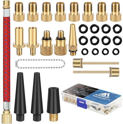 flintronic 32 Stück Fahrradventil Adapter, Fahrrad Ventil Set DV SV AV, Dunlop Französisches Blitzventil mit Kegel Adaptern und Ballnadeln für Luftmatratzen und Bälle, für Alle Fahrradventile