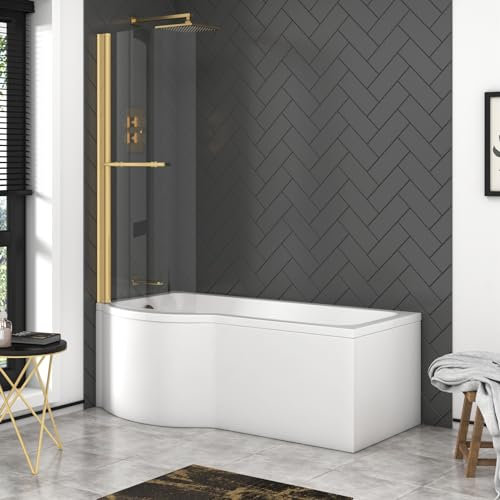 Elva 1500 x 850mm Left Hand Curved P-Shaped Shower Bath tub & Brushed Brass Screen