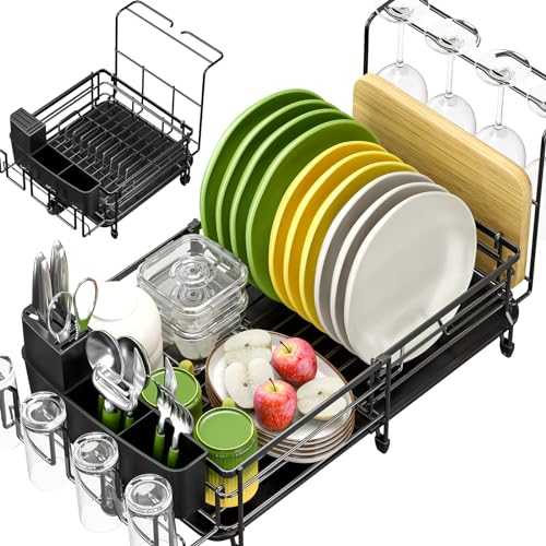 Urackify Escurreplatos Extensible, Soportes para Platos, Escurridor Ajustable, con Soporte para Cubiertos Extraíble Caño de Drenaje Giratorio