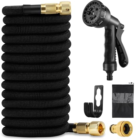 Flexibler Gartenschlauch, LEUTED Flexibel Wasserschlauch Dehnbarer mit 8 Sprühfunktionen, Garden Hose mit Schnelladaptern und Wandhalterung für Garten, Haustier, Autowäsche, Schwarz (15m)