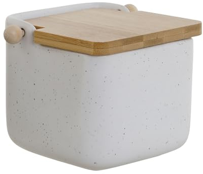 Salero de cocina moderno blanco de dolomite con tapa de madera bambu (Blanco)