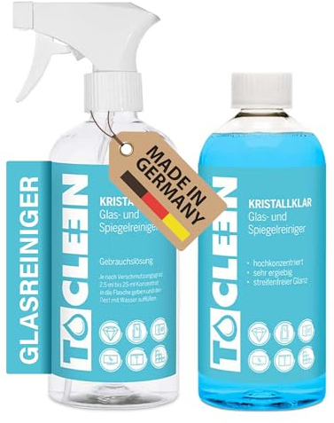 TOCLEEN® 500ml Kristallklar Glas- & Spiegelreiniger + Mischflasche - Fensterreiniger Konzentrat für brillant glänzende und schmutzabweisende Oberflächen