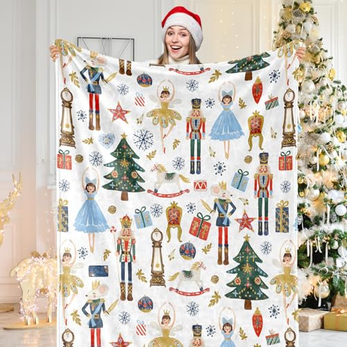 JarThenaAMCS Flauschige Nussknacker-Decke, Weihnachten, Aquarell, Nussknacker-Überwurf, Decke, Weihnachten, Cartoon, weiche, gemütliche Flanelldecke für Zuhause, Party, Bett, Sofa, Couch, 127 x 152 cm
