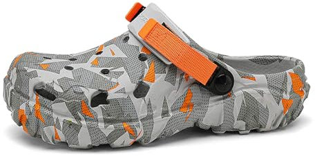 ihinzry Zuecos de jardín para hombre, diseño de mulas gráficas, sandalias de playa para hombre, zapatillas de exterior con correa ajustable, gris naranja, 45 EU