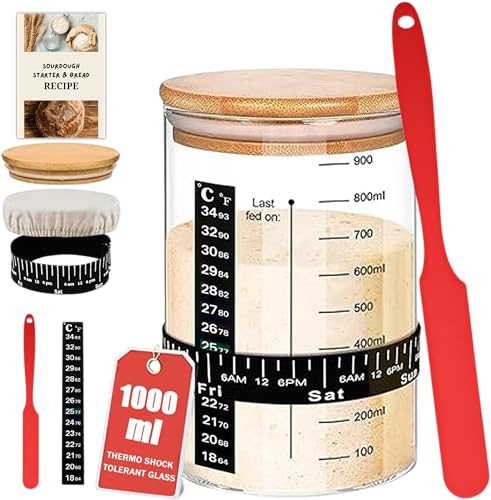 SoLuna. Sauerteig Starter Set Glas 1L/1000ml [Premium aus Borosilikat] - Sauerteig Glas Set mit Datumsband/Thermometer/Spatel/Stoffabdeckung/Deckel/Rezept - Sourdough Starter Kit (Rot, 7-teilig)