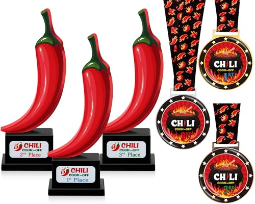 Misdary Chili Cook-Off-Preis-Set, Chili-Trophäen und Chili-Koch-Medaillen, Chili-Koch-Off-Dekorationen, erhältlich für 1., 2., 3. Platz, Pokal, Set für Chili, Kochen, Geschenke, Events (Chili)
