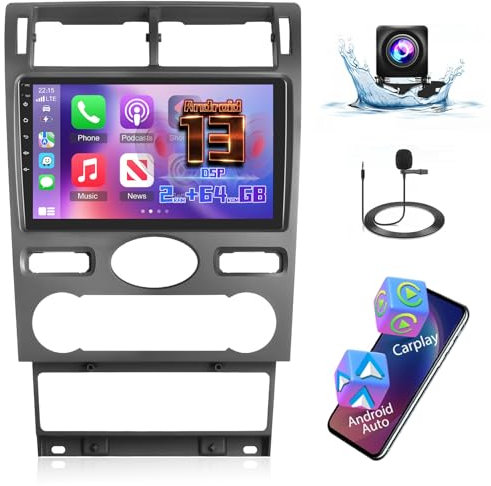 [2+64G] Android 13 Autoradio für Ford Mondeo 2004-2007 mit Drahtloses Carplay & Android Auto - 9 Zoll Touchscreen Autoradio mit WiFi, GPS, Spiegelnder Link, DSP Audio, FM/RDS Radio + Rückfahrkamera
