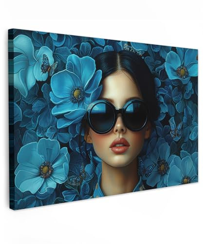 MuchoWow© Wandbilder Groß 120x80 cm XXL Schlafzimmer Home Deko Wohnung Bild Wohnzimmer Fotoleinwand Wand Bilder Leinwand Wall Decor Frau - Blumen - Blau - Ästhetik - Luxus