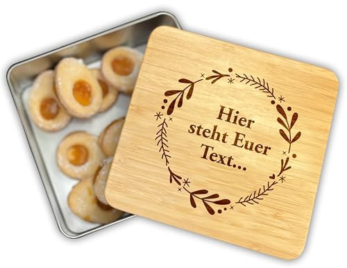 Unikatolo Personalisierte Keksdose mit Wunschtext oder Name graviert, Plätzchendose Gebäckdose Stollendose Blechdose mit Bambusdeckel, Gravur, Geschenke aus der Küche (Kranz Weihnachten)
