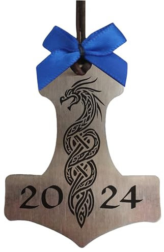 Limited Edition Thor's Hammer Blue Dragon Stainless Steel Norse Mjolnir Style Yule Ornament for a Viking Christmas 2024