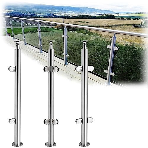Stainless Steel Glass Stair Railing System with Glass Clamp Rubber Inserts and Silver Metal Balustrade 90cm/35inch Mid Post for 6 17mm Toughened Glass