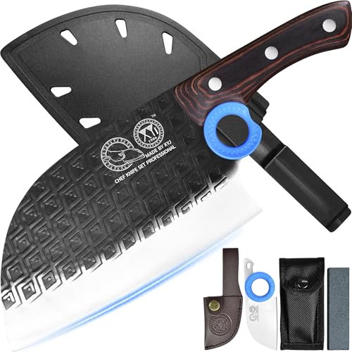 XYJ Authentic Since 1986, Heavy Duty Large Meat Cleaver, cuchillo de carnicero de chef serbio con estuche, cuchillo de cocina vegetariano de Chefs, Full Tang for Outdoor Camping, Wood Handle with