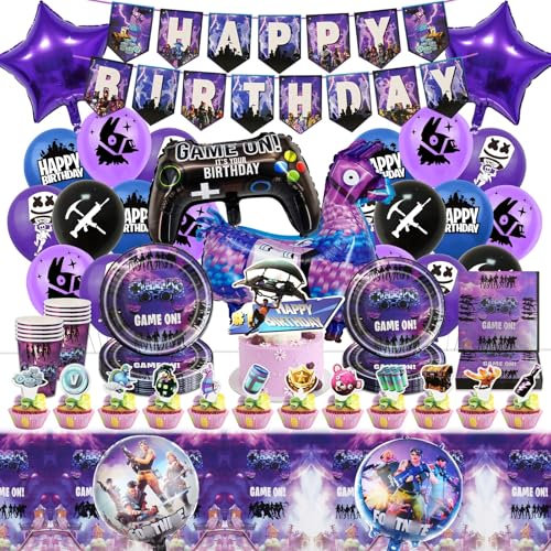 91PCS Video Game Birthday Decorations, Game Party Tableware Set, Video Game Party Supplies Happy Birthday Banner Plates Cups Napkins Tablecloth Foil Balloons Cake Toppers for Kids Gamers Lovers