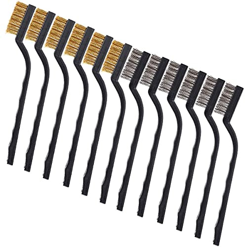12PCS Mini Wire Brushes, Stainless Steel & Brass Brush Set, Curved Handle Scratch Brush for Automotive, Cleaning Welding Slag and Rust